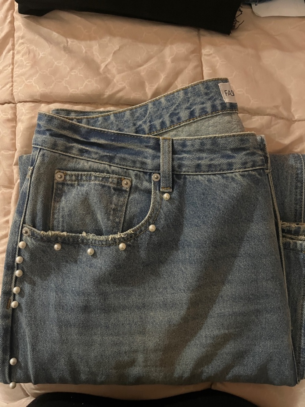 Fashion Nova Pearl-Trim Wide Leg Jeans - Blue Denim